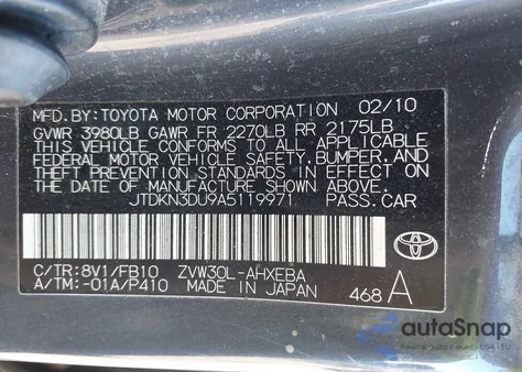 2010 Toyota Prius Ii z USA, uszkodzony, nr VIN JTDKN3DU9A5119971